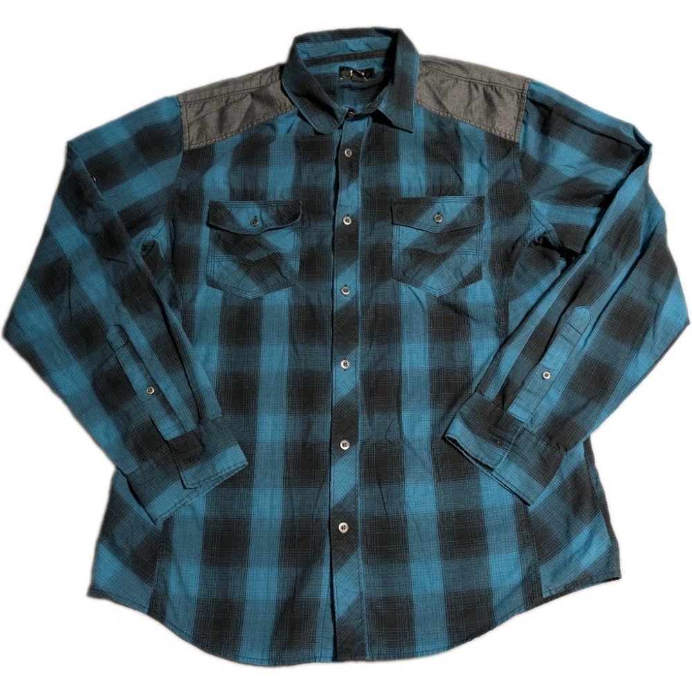 Rock & Republic Mens Large Plaid Button Up Shirt Blue Black Western Long Sleeve